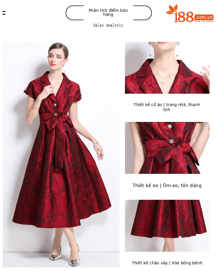 Đầm maxi nữ thắt eo kiểu Pháp tay ngắn cổ bẻ jacquard thanh lịch mùa hè 2025 — Màu xanh lam, Màu tím, Màu hồng, Màu đỏ chi tiết 2
