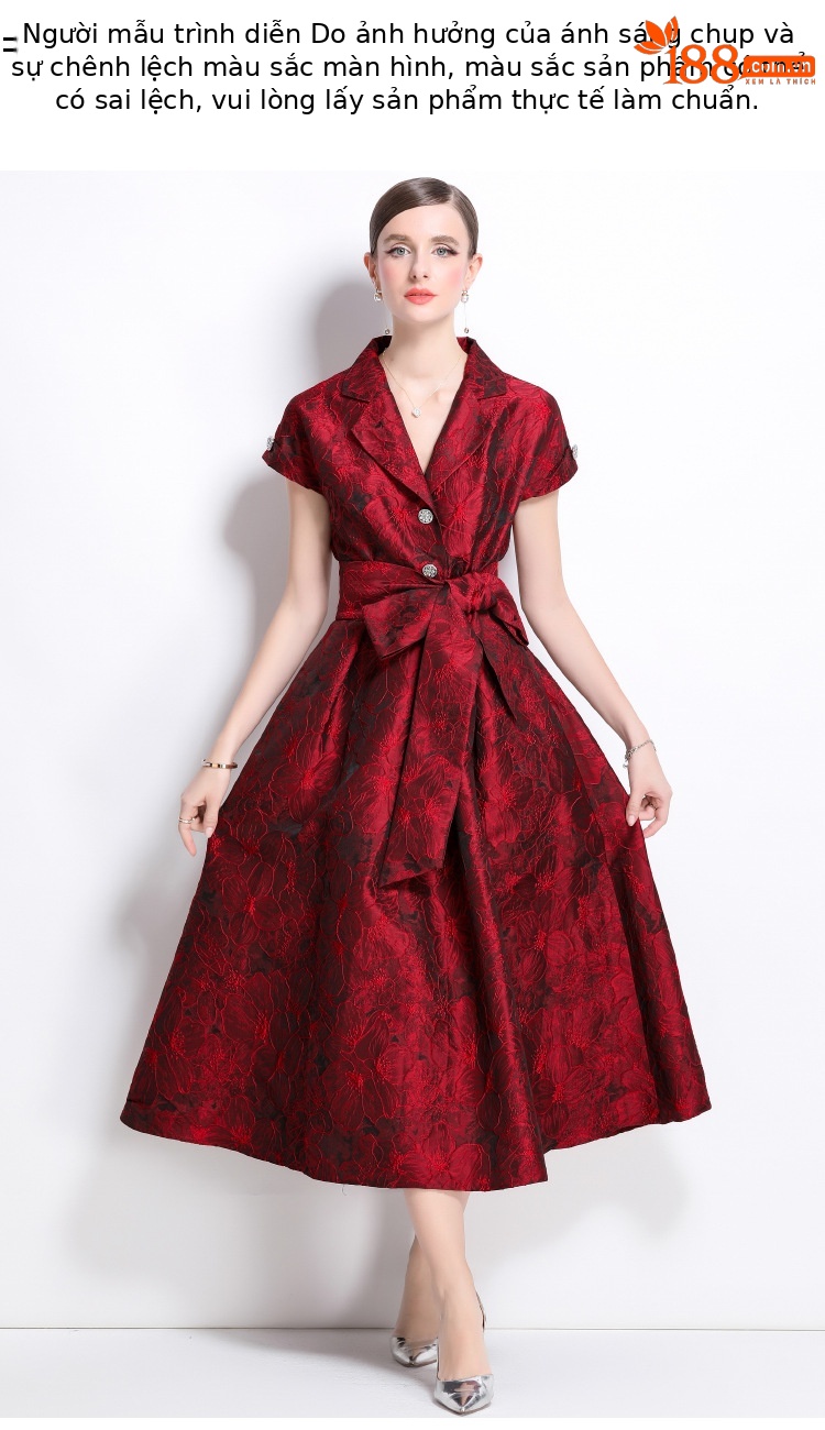 Đầm maxi nữ thắt eo kiểu Pháp tay ngắn cổ bẻ jacquard thanh lịch mùa hè 2025 — Màu xanh lam, Màu tím, Màu hồng, Màu đỏ chi tiết 5