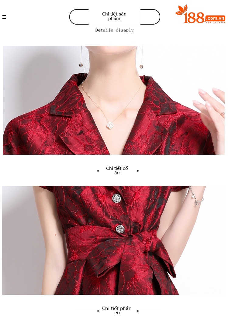 Đầm maxi nữ thắt eo kiểu Pháp tay ngắn cổ bẻ jacquard thanh lịch mùa hè 2025 — Màu xanh lam, Màu tím, Màu hồng, Màu đỏ chi tiết 11