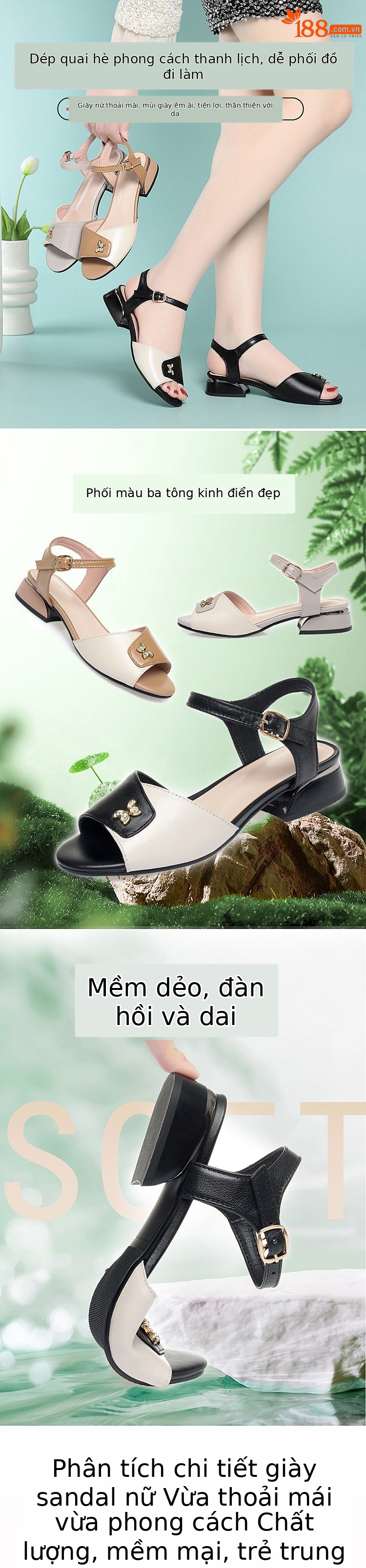 Sandal da thật nữ quai ngang đế mềm gót thô vừa phải — Màu đen chi tiết 1