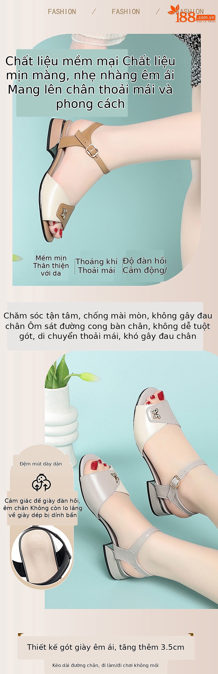 Sandal da thật nữ quai ngang đế mềm gót thô vừa phải — Màu đen chi tiết 2