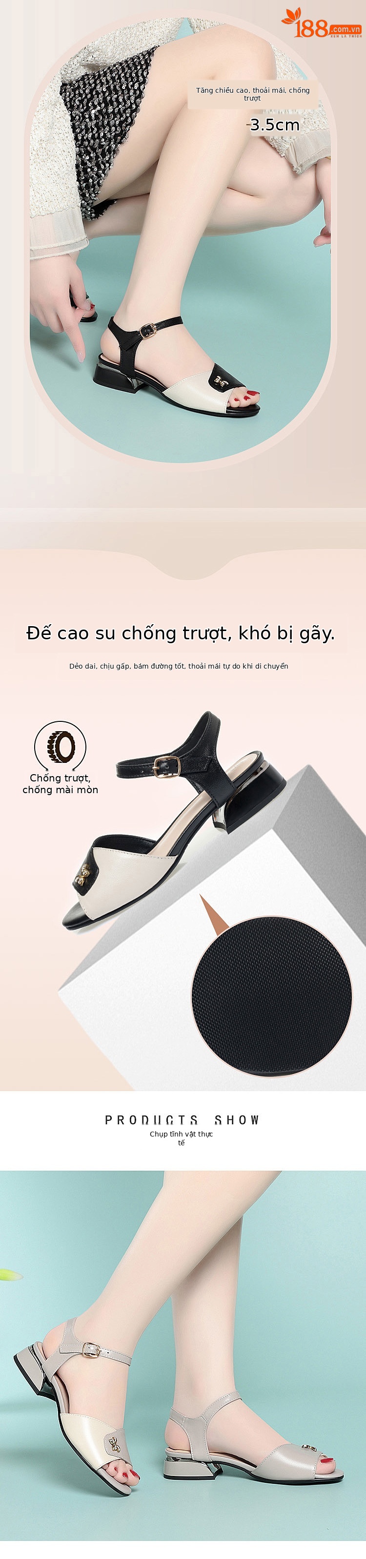 Sandal da thật nữ quai ngang đế mềm gót thô vừa phải — Màu đen chi tiết 3