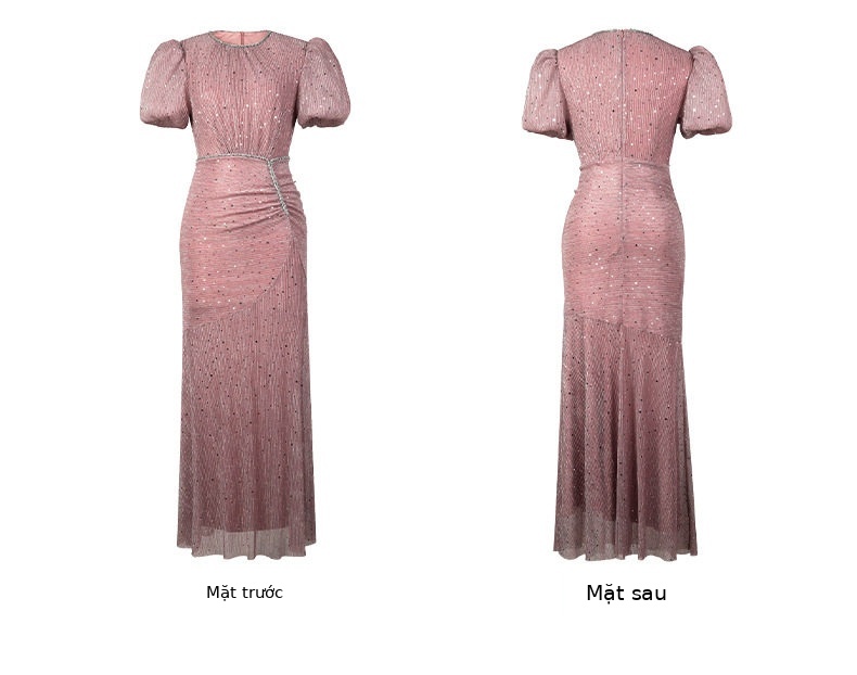 Đầm maxi nữ đuôi cá tay bồng cổ tròn cao eo — [Hồng], [Đen] chi tiết 6
