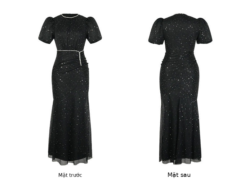 Đầm maxi nữ đuôi cá tay bồng cổ tròn cao eo — [Hồng], [Đen] chi tiết 7