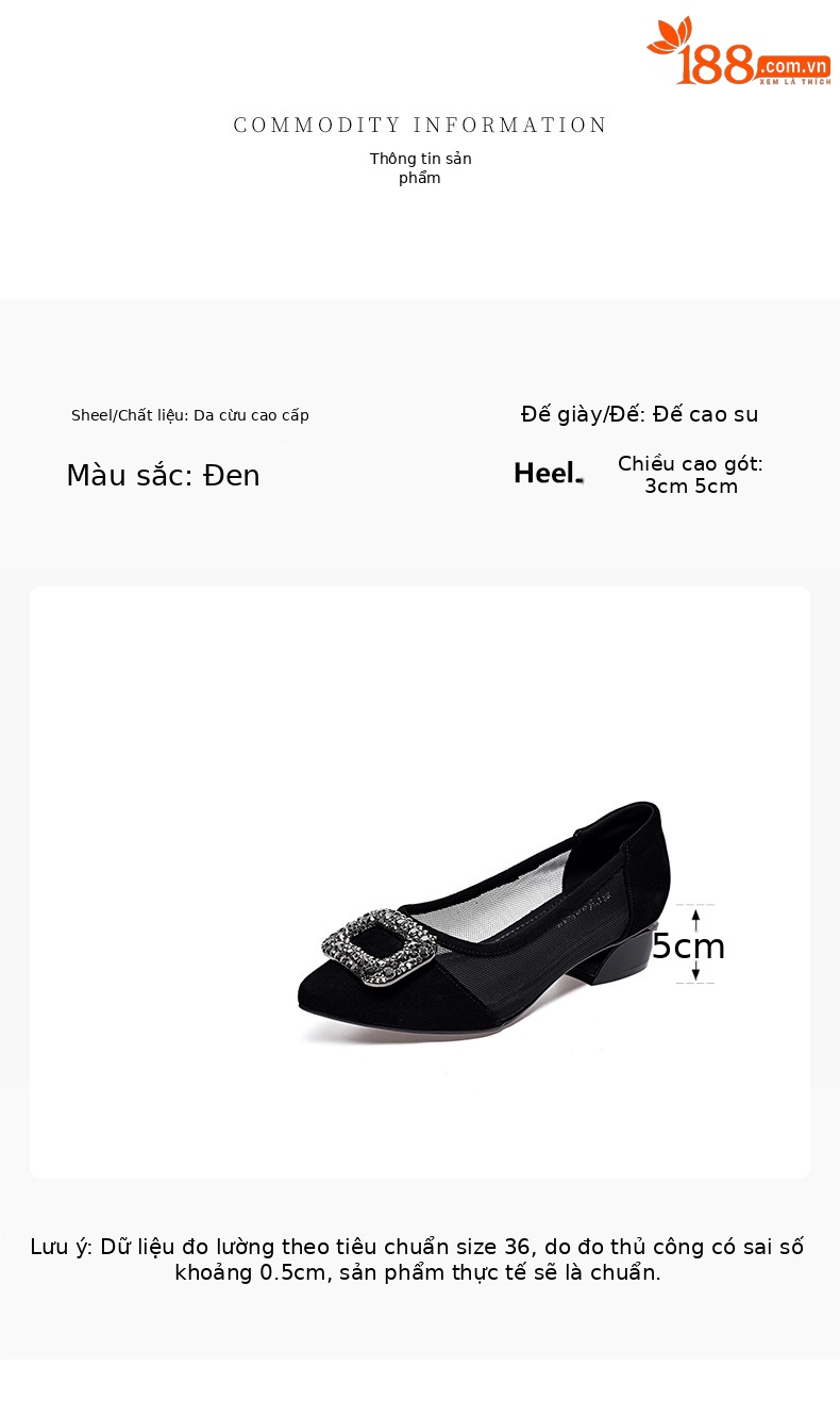 Giày lười nữ da thật mũi vuông gót dày 3 cm, kiểu lưới nông thoáng khí — Đen--3CM chi tiết 1