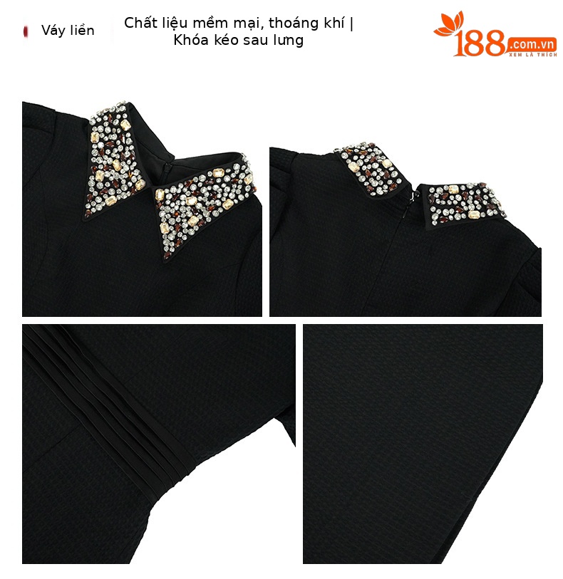 Đầm nữ chữ A cổ búp bê đính cườm phong cách Hepburn eo thon — Màu đen chi tiết 2