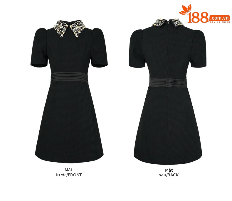 Đầm nữ chữ A cổ búp bê đính cườm phong cách Hepburn eo thon — Màu đen chi tiết 3