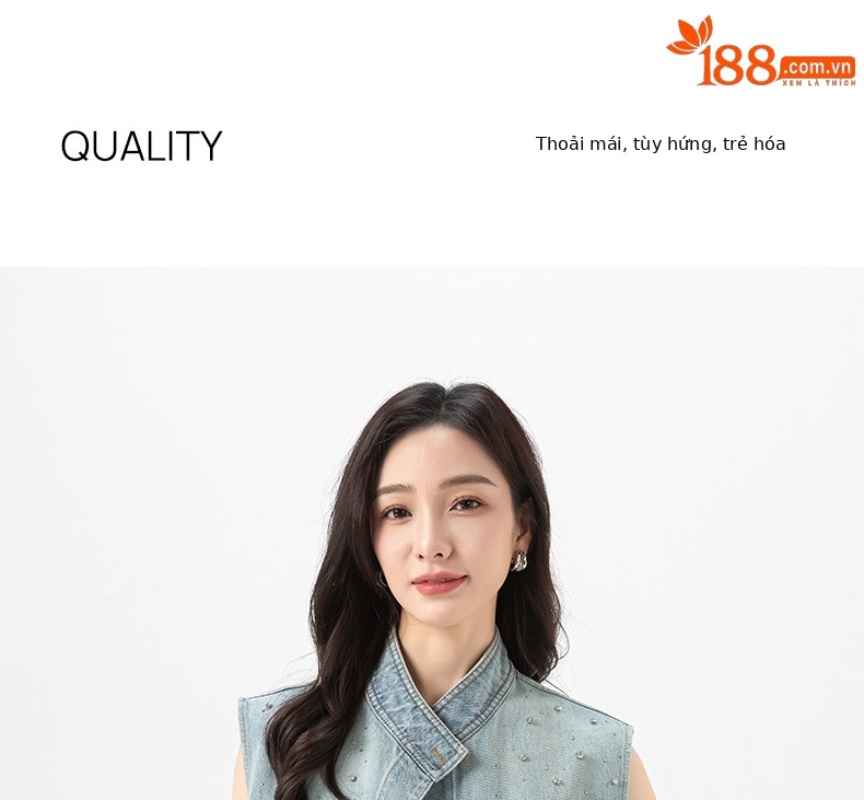 Áo gi lê denim vạt chéo Xinge không tay, may thủ công đính kim cương, dáng rộng suông — Màu xanh lam nhạt chi tiết 1