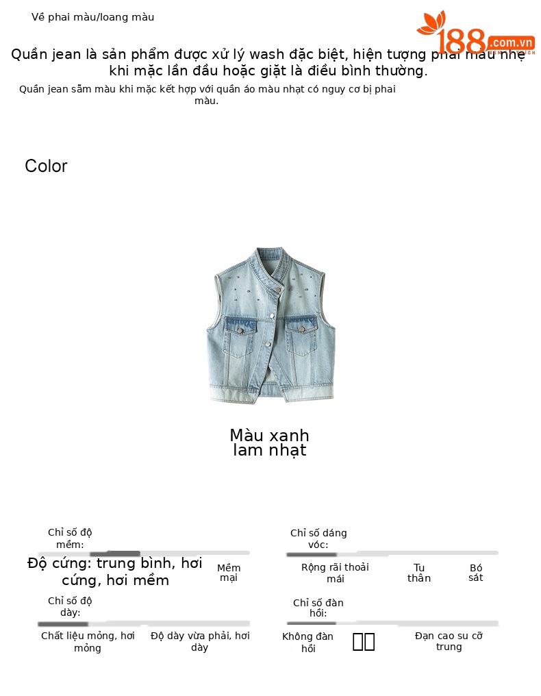 Áo gi lê denim vạt chéo Xinge không tay, may thủ công đính kim cương, dáng rộng suông — Màu xanh lam nhạt chi tiết 4