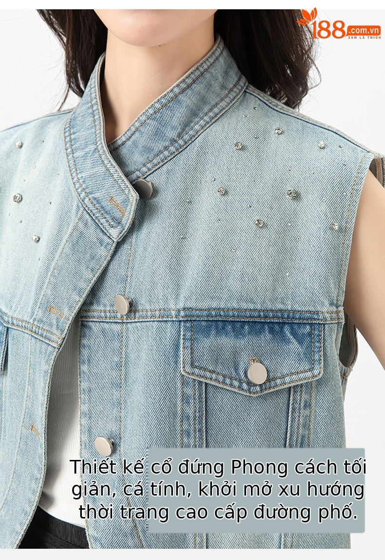 Áo gi lê denim vạt chéo Xinge không tay, may thủ công đính kim cương, dáng rộng suông — Màu xanh lam nhạt chi tiết 9