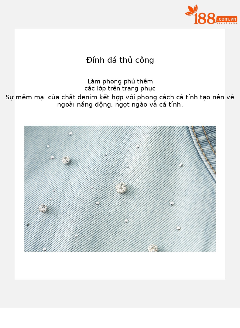 Áo gi lê denim vạt chéo Xinge không tay, may thủ công đính kim cương, dáng rộng suông — Màu xanh lam nhạt chi tiết 10