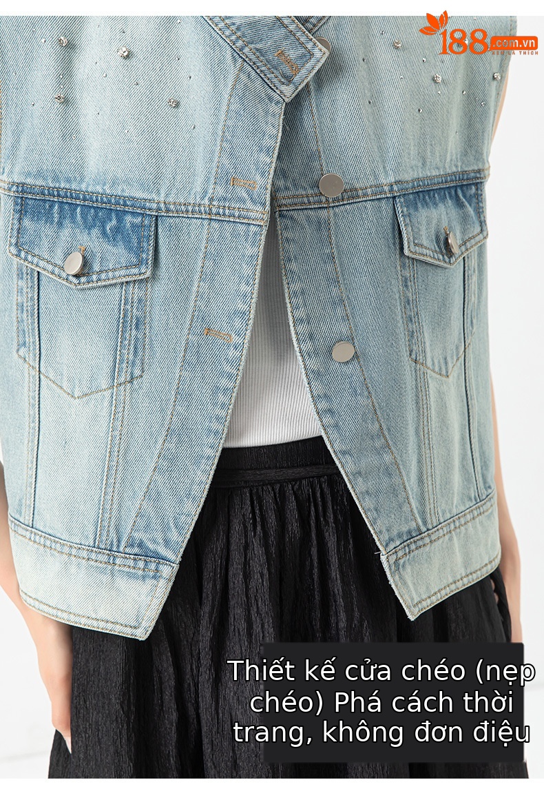 Áo gi lê denim vạt chéo Xinge không tay, may thủ công đính kim cương, dáng rộng suông — Màu xanh lam nhạt chi tiết 11