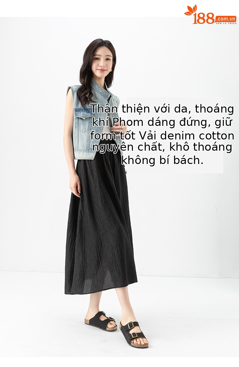 Áo gi lê denim vạt chéo Xinge không tay, may thủ công đính kim cương, dáng rộng suông — Màu xanh lam nhạt chi tiết 12