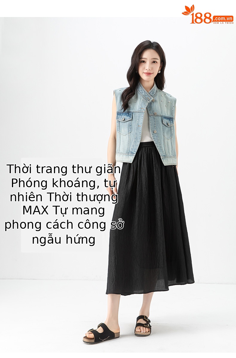 Áo gi lê denim vạt chéo Xinge không tay, may thủ công đính kim cương, dáng rộng suông — Màu xanh lam nhạt chi tiết 13