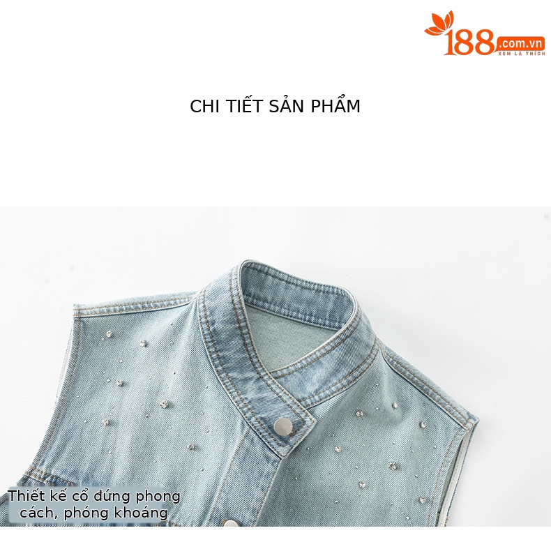 Áo gi lê denim vạt chéo Xinge không tay, may thủ công đính kim cương, dáng rộng suông — Màu xanh lam nhạt chi tiết 14