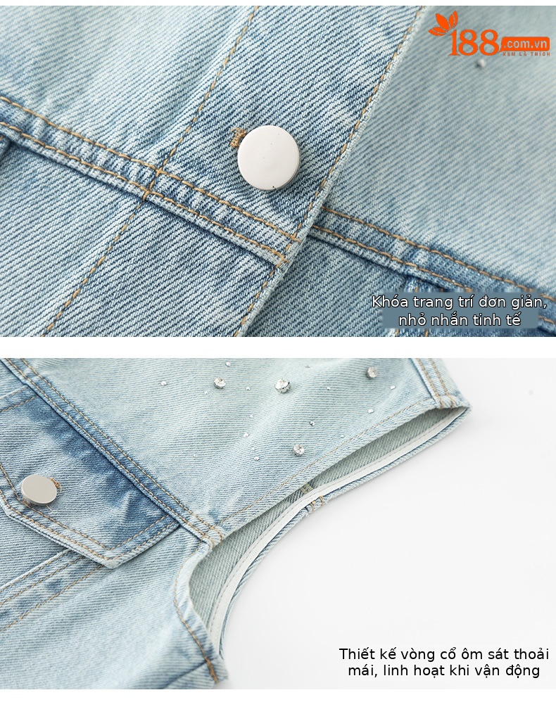 Áo gi lê denim vạt chéo Xinge không tay, may thủ công đính kim cương, dáng rộng suông — Màu xanh lam nhạt chi tiết 15