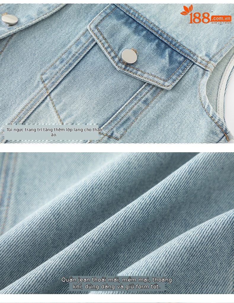 Áo gi lê denim vạt chéo Xinge không tay, may thủ công đính kim cương, dáng rộng suông — Màu xanh lam nhạt chi tiết 16