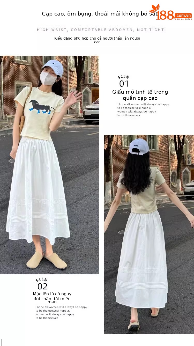 Chân váy xòe chữ A trắng phong cách Hàn Quốc eo thun — Màu trắng (vải cotton lót túi) chi tiết 2