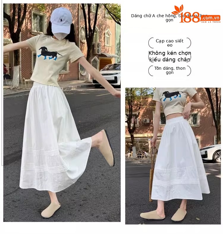 Chân váy xòe chữ A trắng phong cách Hàn Quốc eo thun — Màu trắng (vải cotton lót túi) chi tiết 3