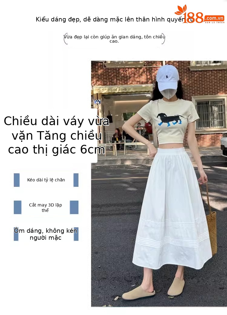 Chân váy xòe chữ A trắng phong cách Hàn Quốc eo thun — Màu trắng (vải cotton lót túi) chi tiết 6
