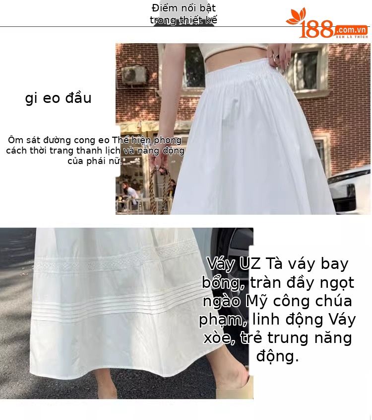 Chân váy xòe chữ A trắng phong cách Hàn Quốc eo thun — Màu trắng (vải cotton lót túi) chi tiết 7
