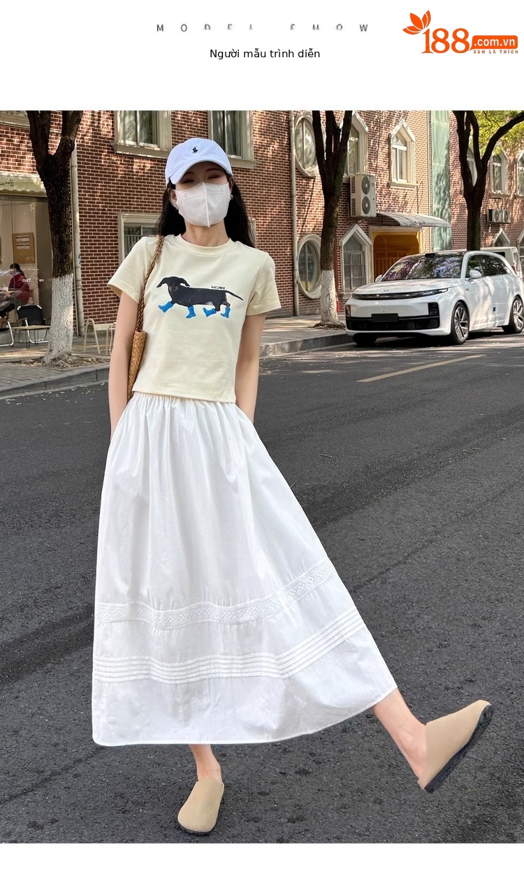 Chân váy xòe chữ A trắng phong cách Hàn Quốc eo thun — Màu trắng (vải cotton lót túi) chi tiết 10