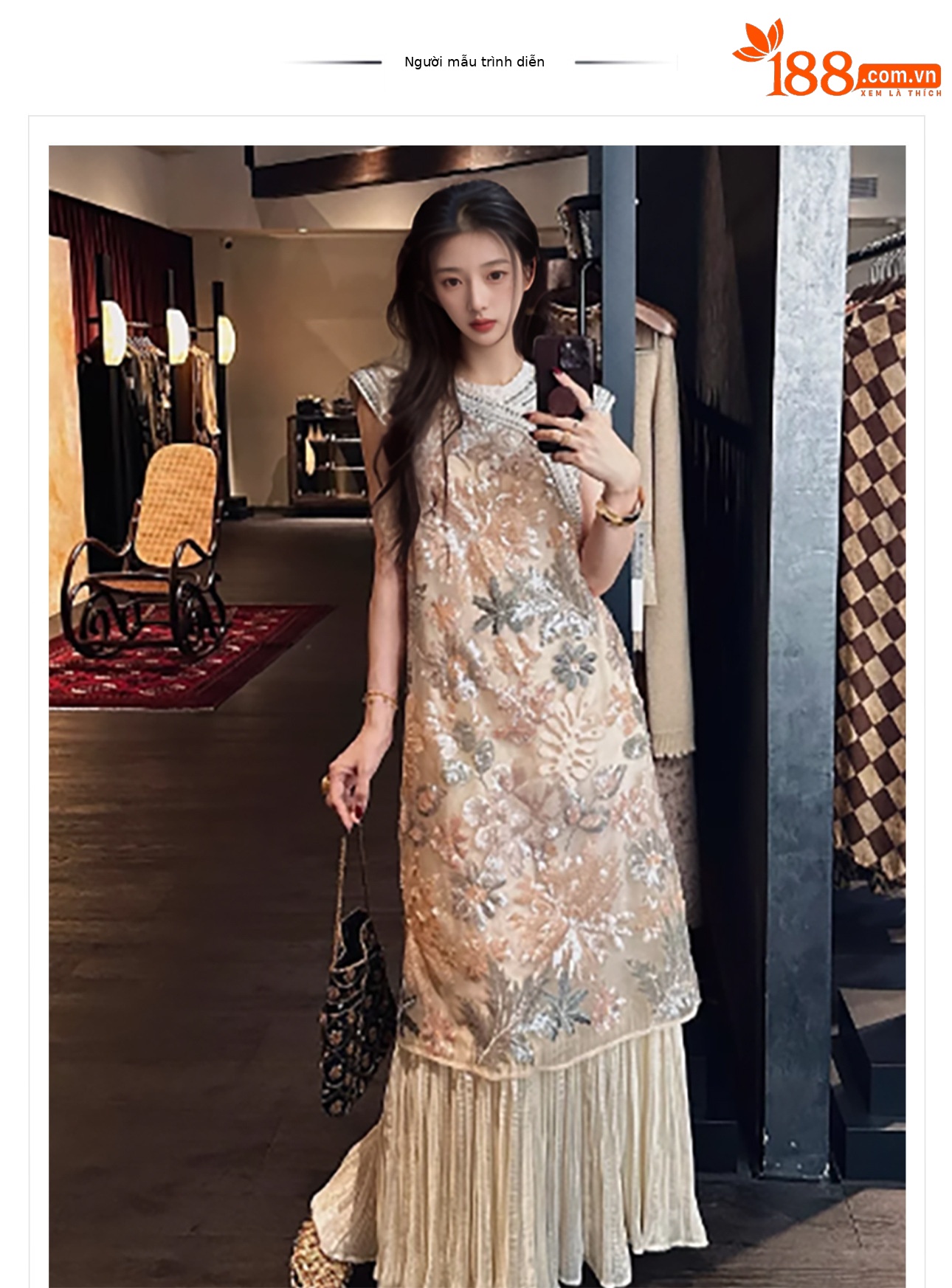 Váy dài sườn xám cách tân thêu hoa nặng cao cấp phong cách Trung Quốc mới mùa hè — Màu xanh lam đậm, Màu vàng ngỗng, Màu hồng be chi tiết 1