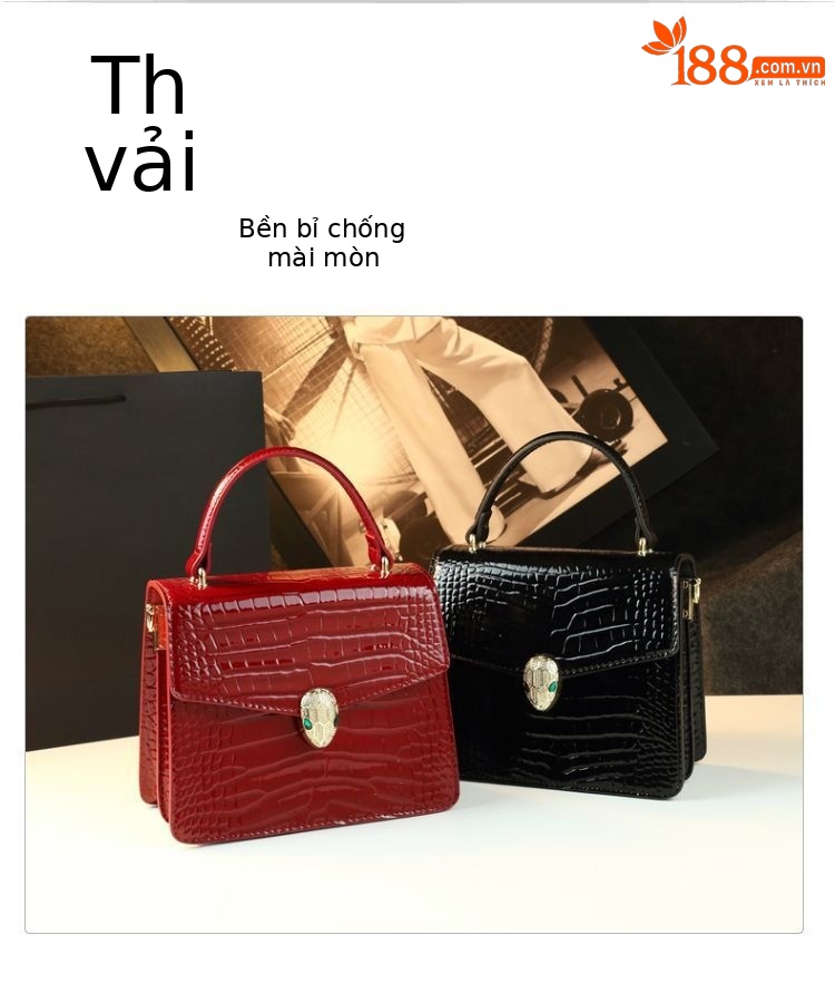 Túi xách tay nữ dáng vuông nhỏ da bóng họa tiết vảy rồng — Màu đỏ rượu, Màu đen, Trắng chi tiết 4