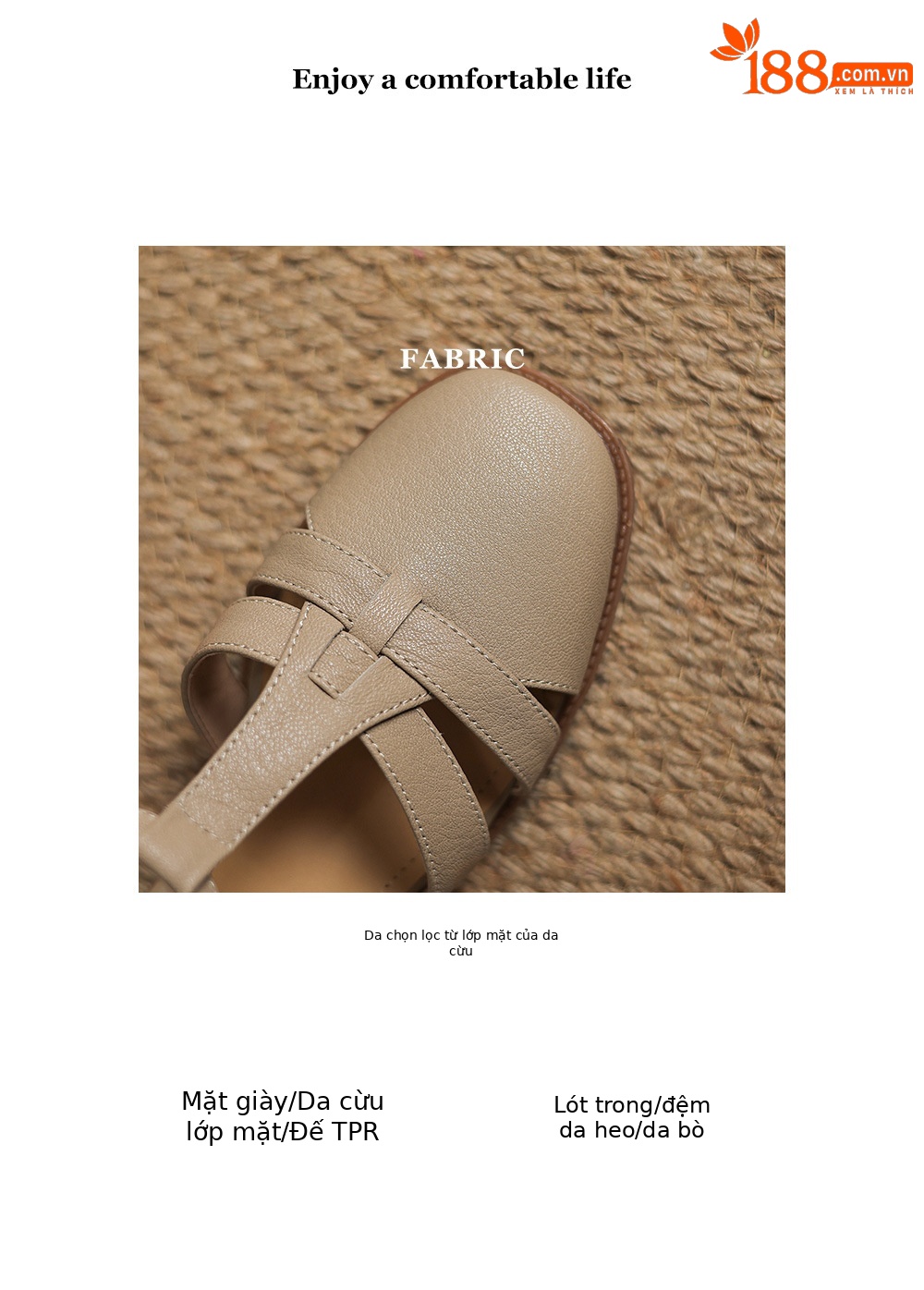 Sandal nữ quai ngang da cừu kiểu La Mã đế dày khoét lỗ dệt — Màu trắng nhạt chi tiết 4