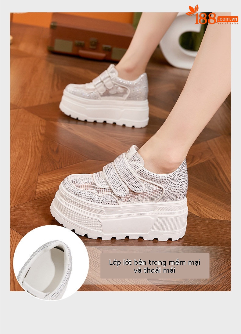 Giày sneaker nữ chunky đế dày trắng platform rhinestone đa năng — Trắng, Bạc, Đen chi tiết 5