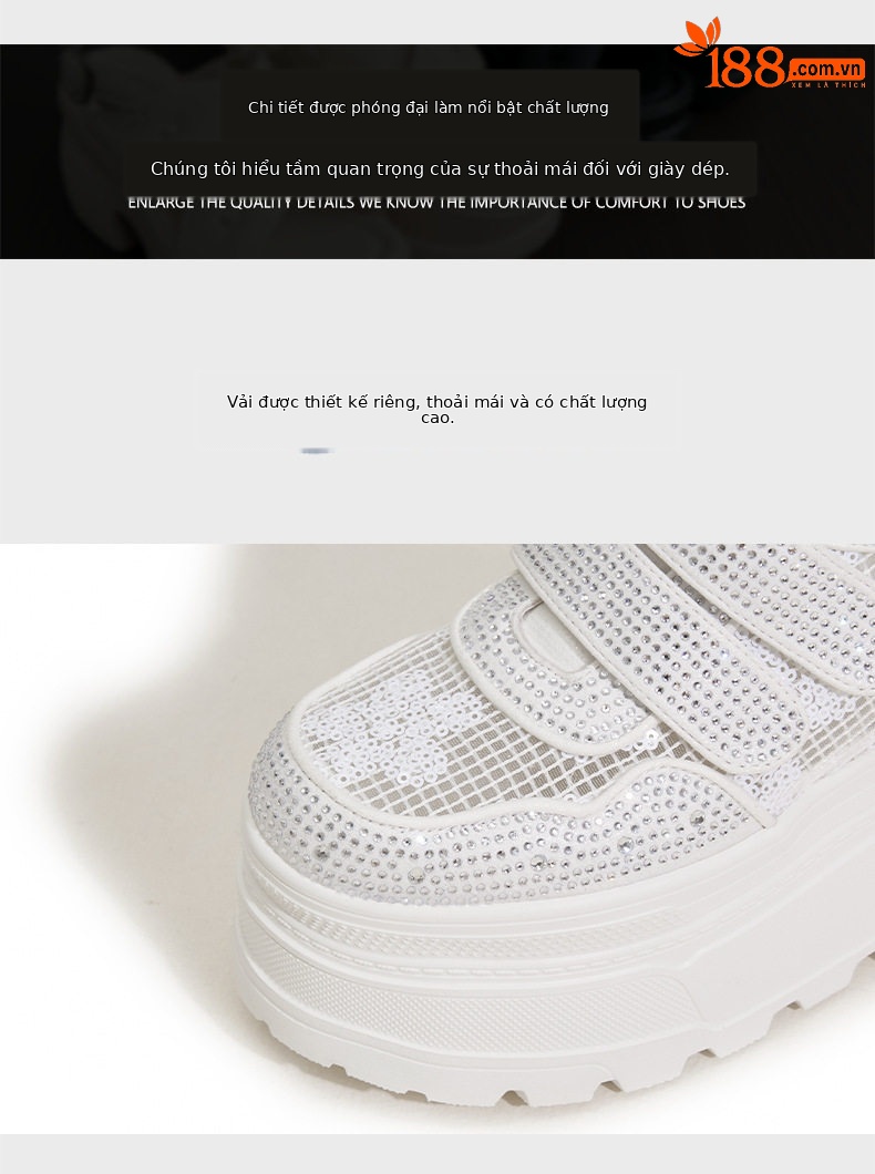 Giày sneaker nữ chunky đế dày trắng platform rhinestone đa năng — Trắng, Bạc, Đen chi tiết 6