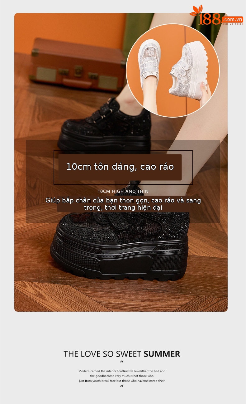 Giày sneaker nữ chunky đế dày trắng platform rhinestone đa năng — Trắng, Bạc, Đen chi tiết 9