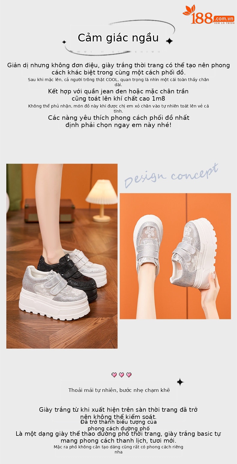 Giày sneaker nữ chunky đế dày trắng platform rhinestone đa năng — Trắng, Bạc, Đen chi tiết 4