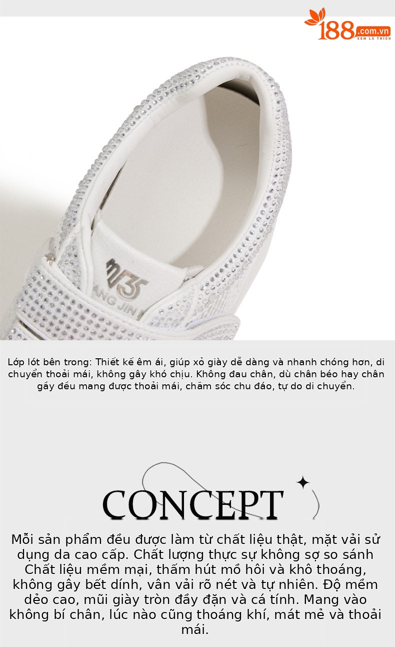 Giày sneaker nữ chunky đế dày trắng platform rhinestone đa năng — Trắng, Bạc, Đen chi tiết 8