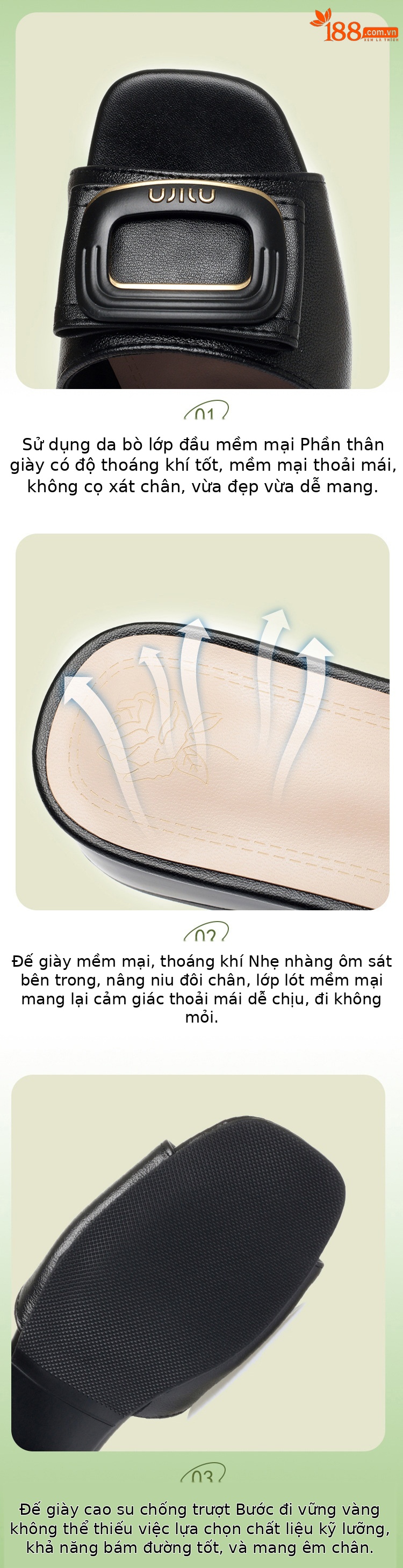 Dép nữ da thật mềm đế đẹp, dép lê mùa hè gót dày — đen chi tiết 3