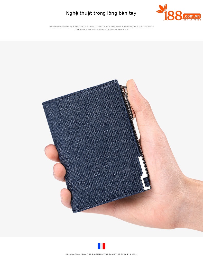 Ví nam gập mini Emperor Paul vải canvas siêu mỏng đựng thẻ và tiền xu chi tiết 3