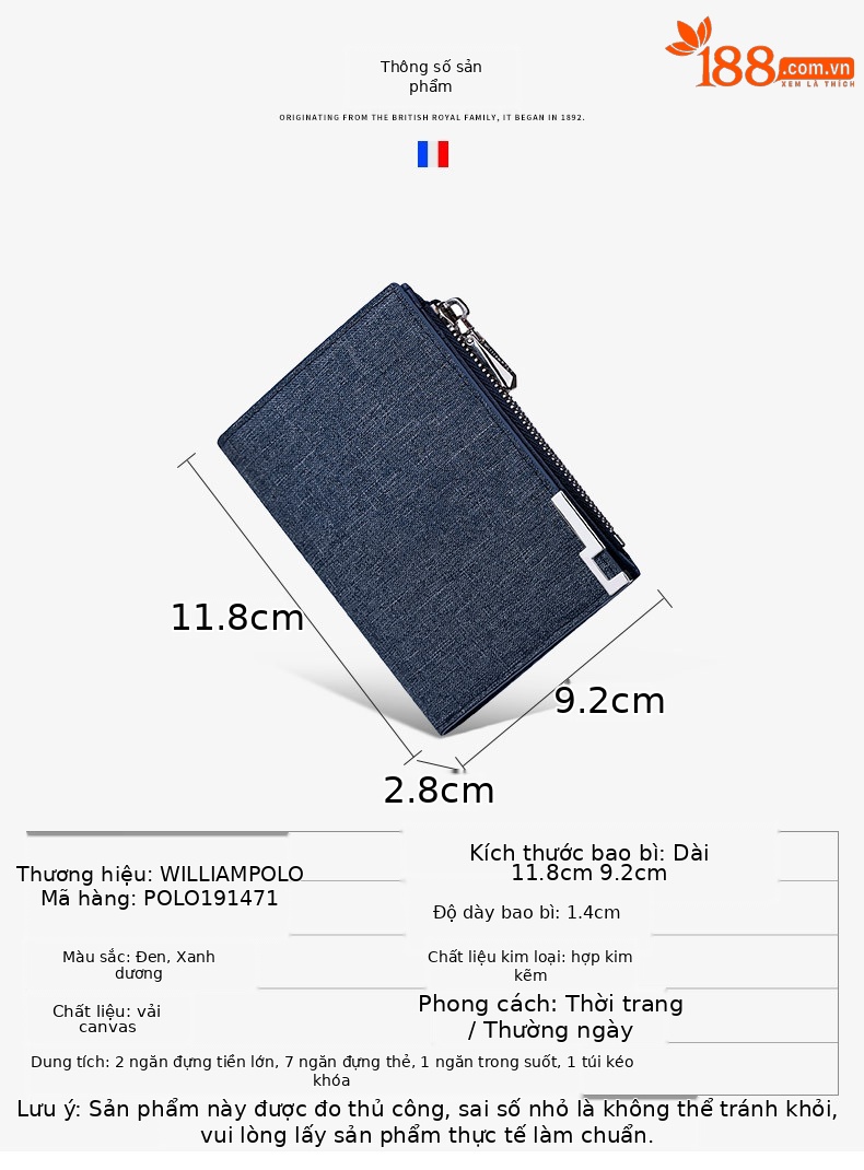 Ví nam gập mini Emperor Paul vải canvas siêu mỏng đựng thẻ và tiền xu chi tiết 12