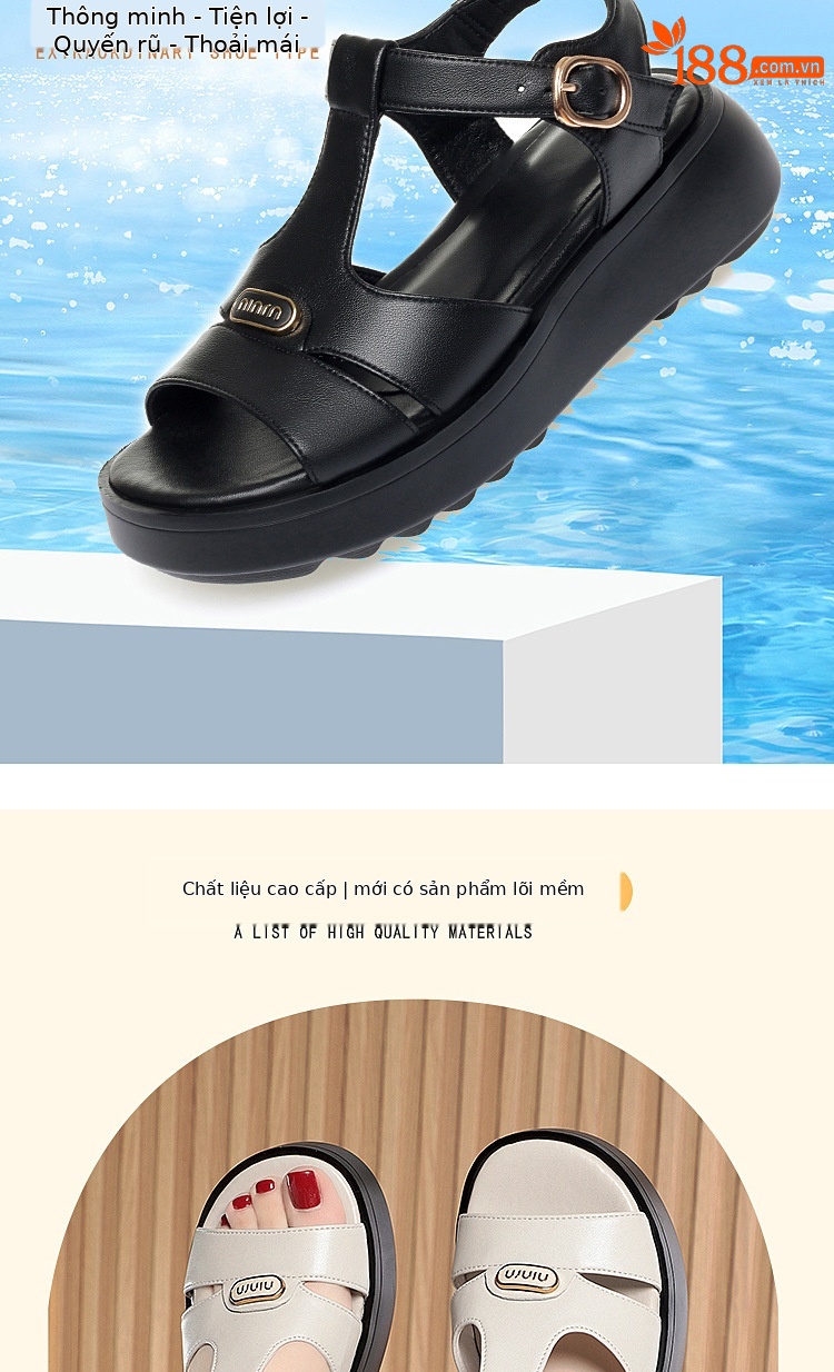 Sandal nữ đế dày quai chữ V da thật mềm đi biển mùa hè — Màu đen chi tiết 2