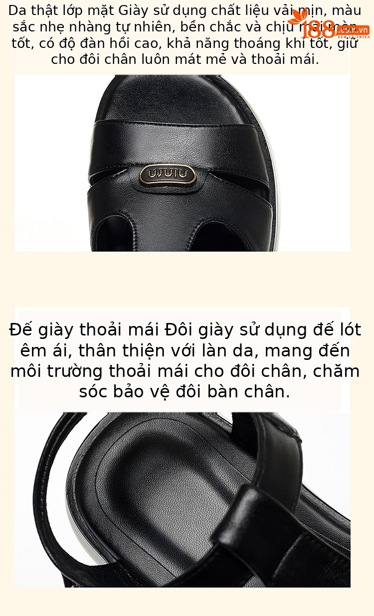 Sandal nữ đế dày quai chữ V da thật mềm đi biển mùa hè — Màu đen chi tiết 13