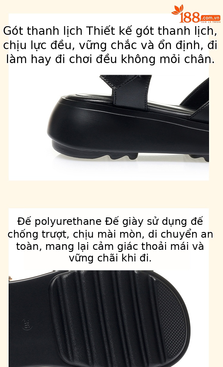 Sandal nữ đế dày quai chữ V da thật mềm đi biển mùa hè — Màu đen chi tiết 14