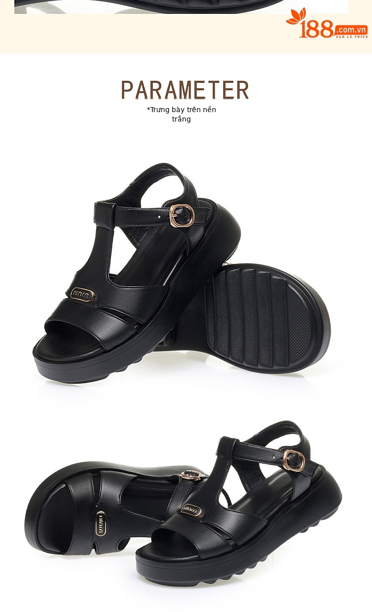 Sandal nữ đế dày quai chữ V da thật mềm đi biển mùa hè — Màu đen chi tiết 15
