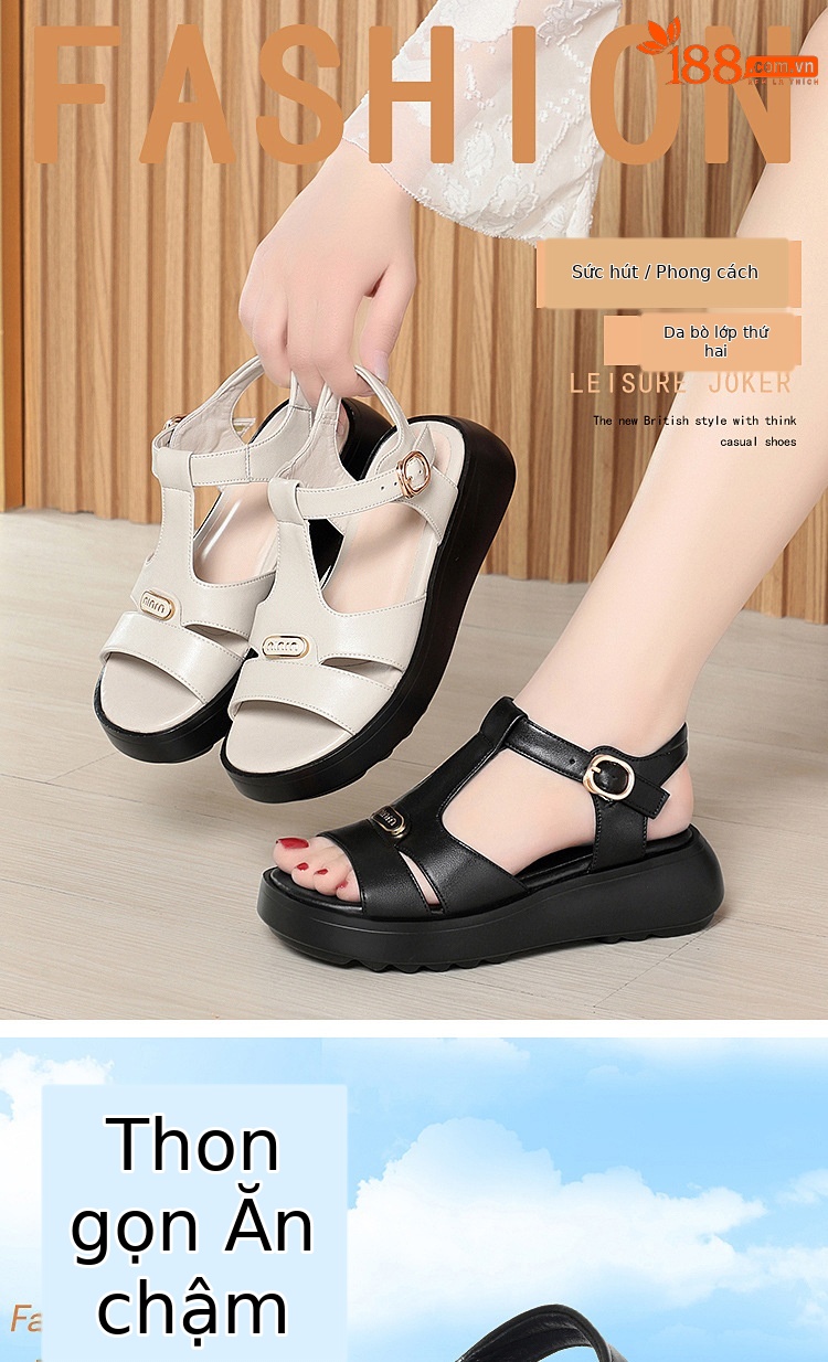 Sandal nữ đế dày quai chữ V da thật mềm đi biển mùa hè — Màu đen chi tiết 1