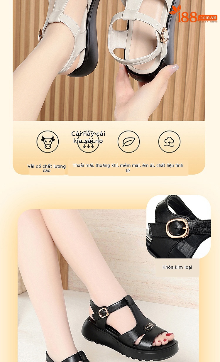 Sandal nữ đế dày quai chữ V da thật mềm đi biển mùa hè — Màu đen chi tiết 3