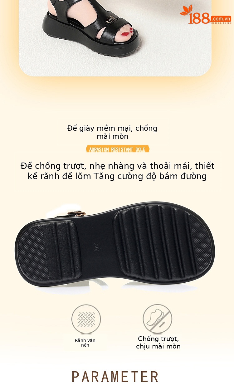 Sandal nữ đế dày quai chữ V da thật mềm đi biển mùa hè — Màu đen chi tiết 4