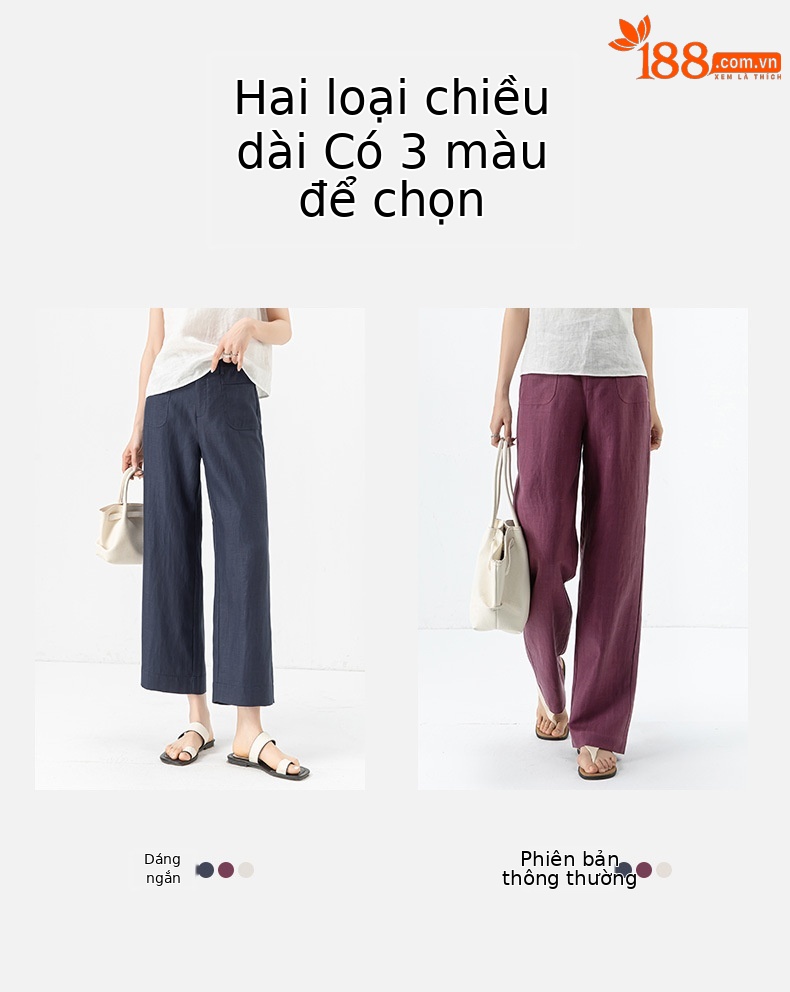 Quần ống rộng vải lanh tím cạp cao phong cách tiền cũ — Màu tím-Thông thường (25327) chi tiết 3