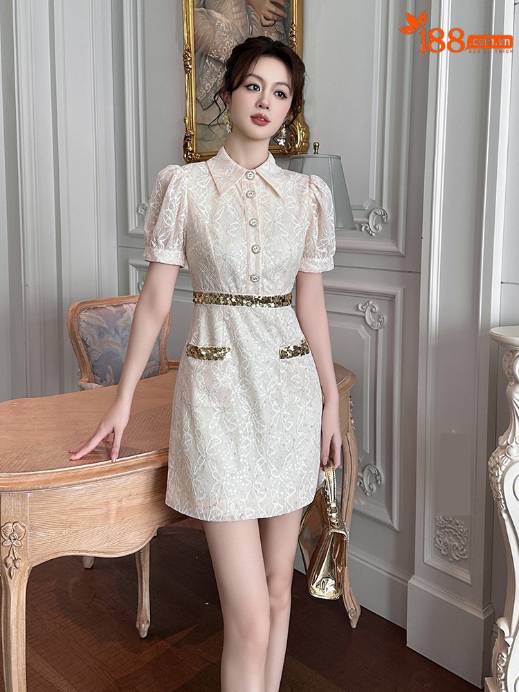 Váy đầm nữ cổ POLO tay phồng ren một hàng khuy phong cách Chanel — Màu trắng be