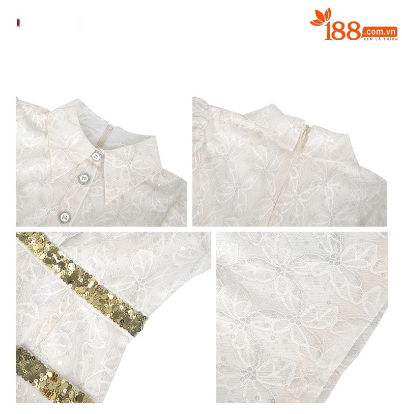 Váy đầm nữ cổ POLO tay phồng ren một hàng khuy phong cách Chanel — Màu trắng be chi tiết 2