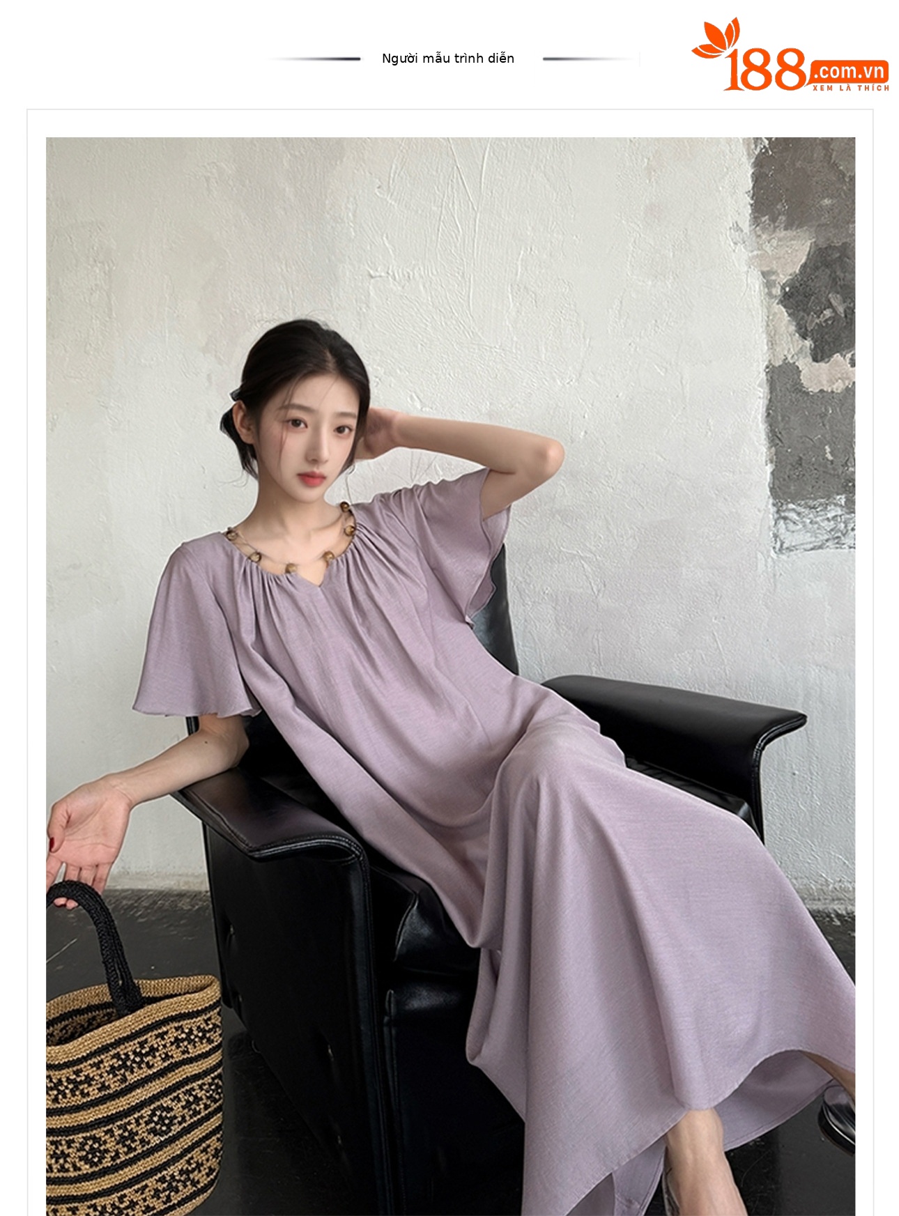 Váy dài Tencel thời trang mùa hè tay bèo phong cách Pháp đơn giản thon gọn — Tím khoai môn chi tiết 1