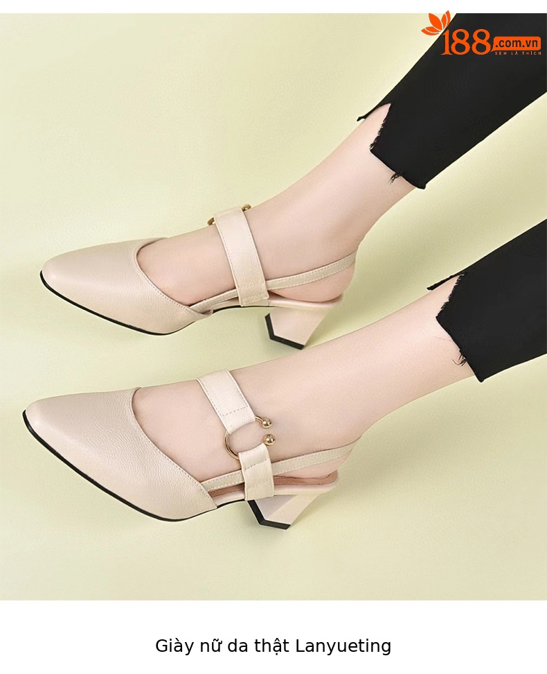 Sandal nữ da thật mũi kín gót vuông 6 cm quai ngang — Màu mơ-6cm chi tiết 4