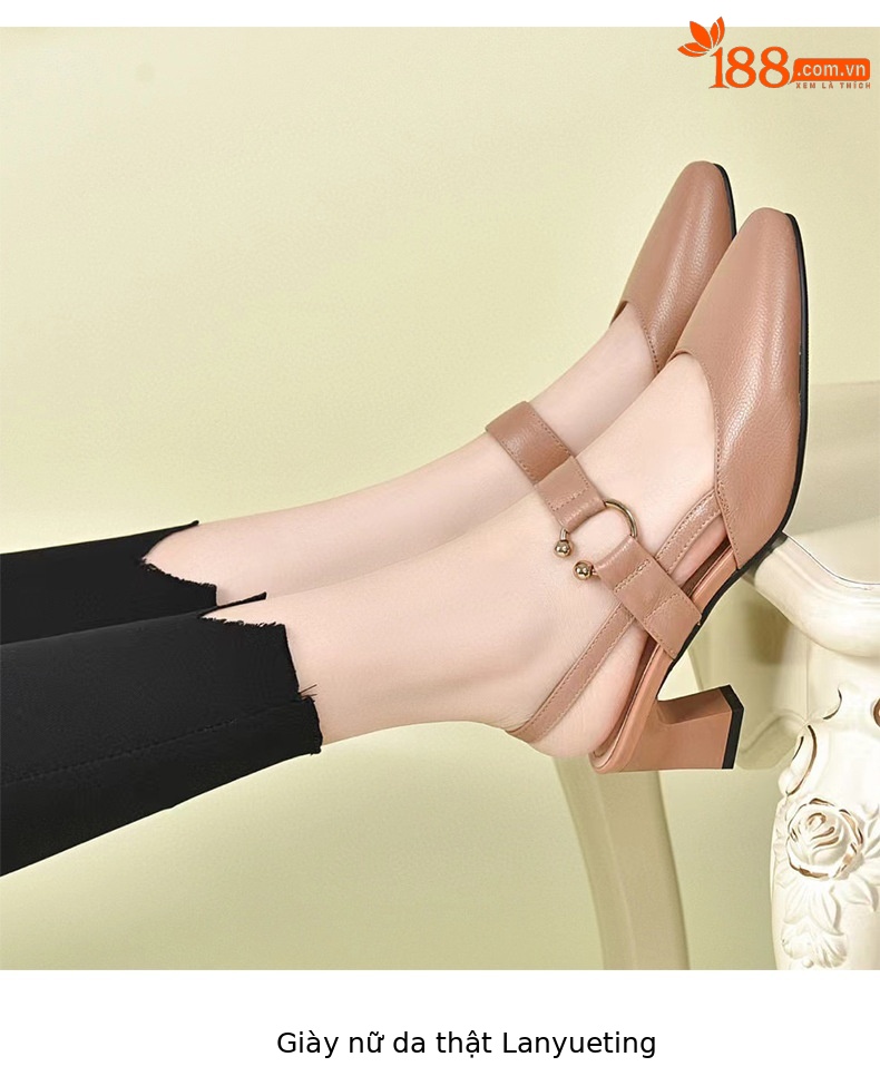Sandal nữ da thật mũi kín gót vuông 6 cm quai ngang — Màu mơ-6cm chi tiết 5